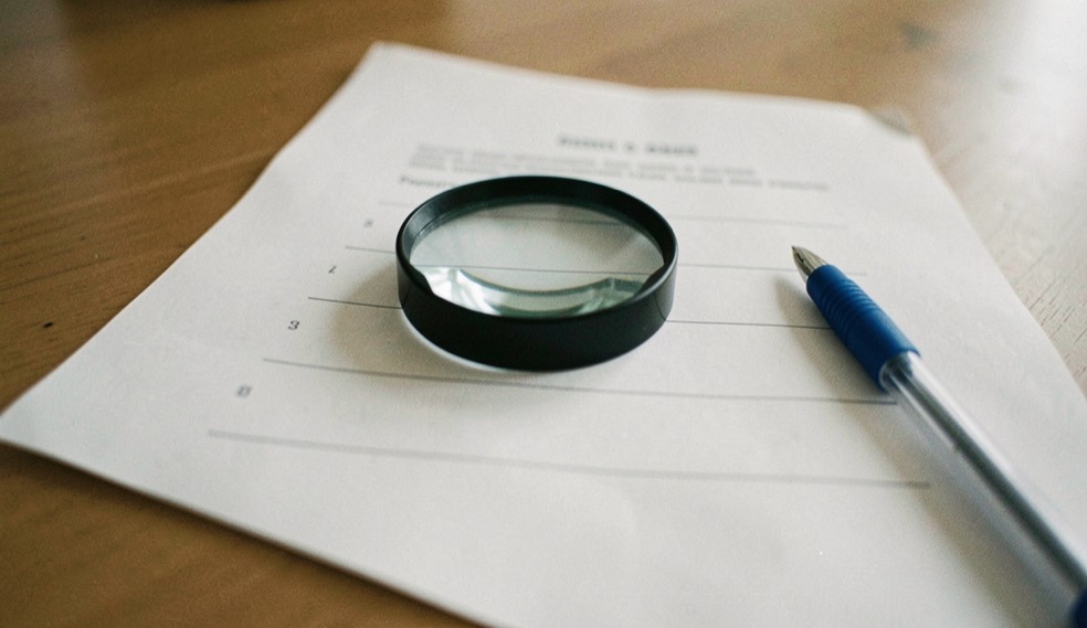 Et forstørrelsesglas ligger over et neutralt dokument med markerede linjer og en blå pen; ingen synlig tekst, ingen logoer og ingen skærmbilleder, en rolig dokumentarisk scene med plads omkring motivet