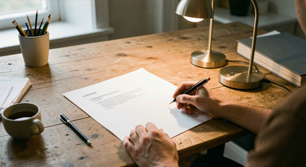 Et arbejdsbord med kildelinks på papir, en blyant og en lille lampe viser en rolig redaktionel arbejdsproces; ingen synlig tekst, ingen logoer og ingen skærmbilleder, en rolig dokumentarisk scene med plads omkring motivet